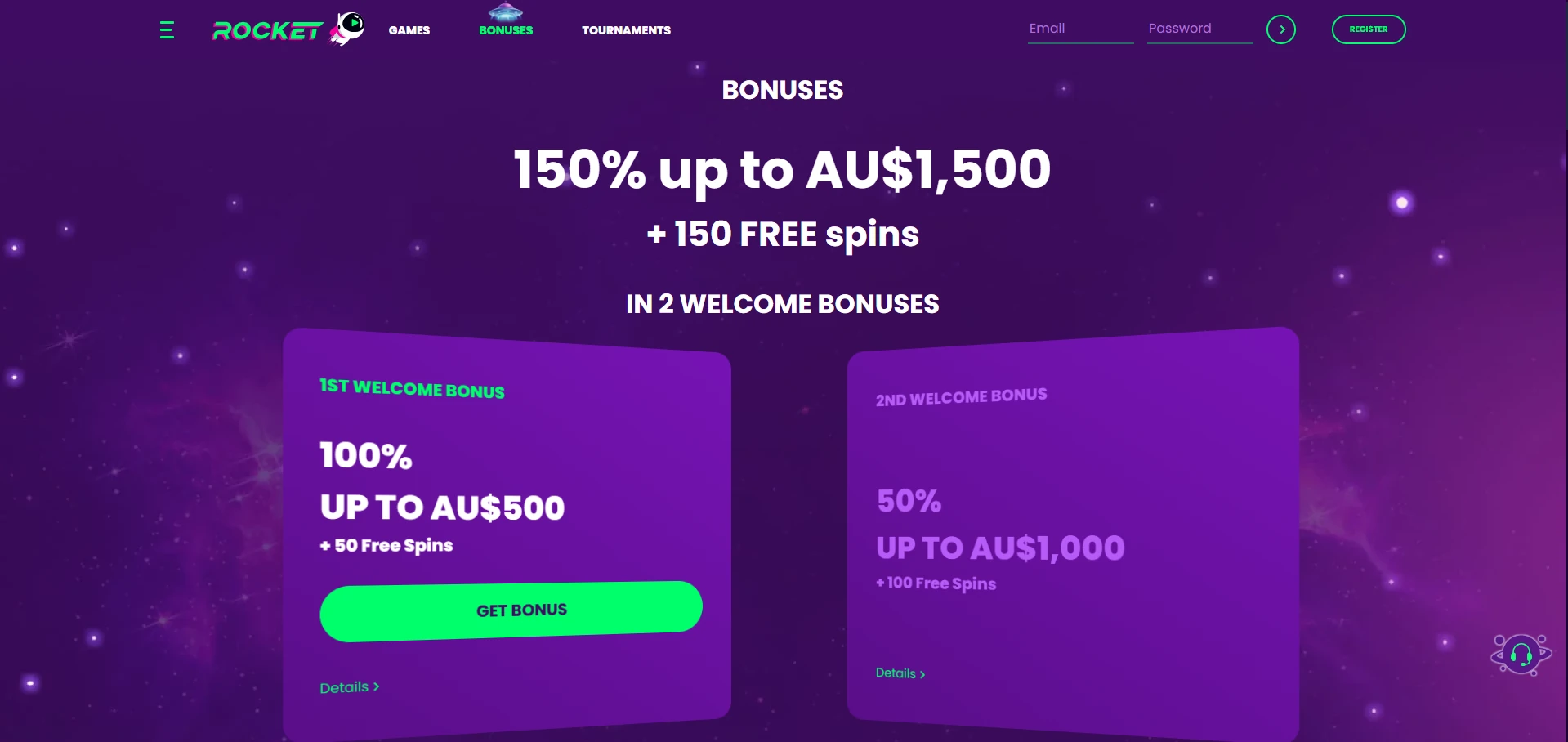 Rocket bonus page with the welcome offer for new players
