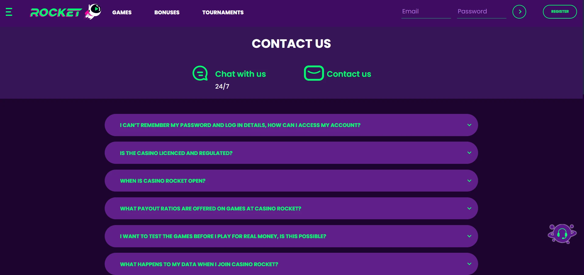 Rocket support options with live chat and email