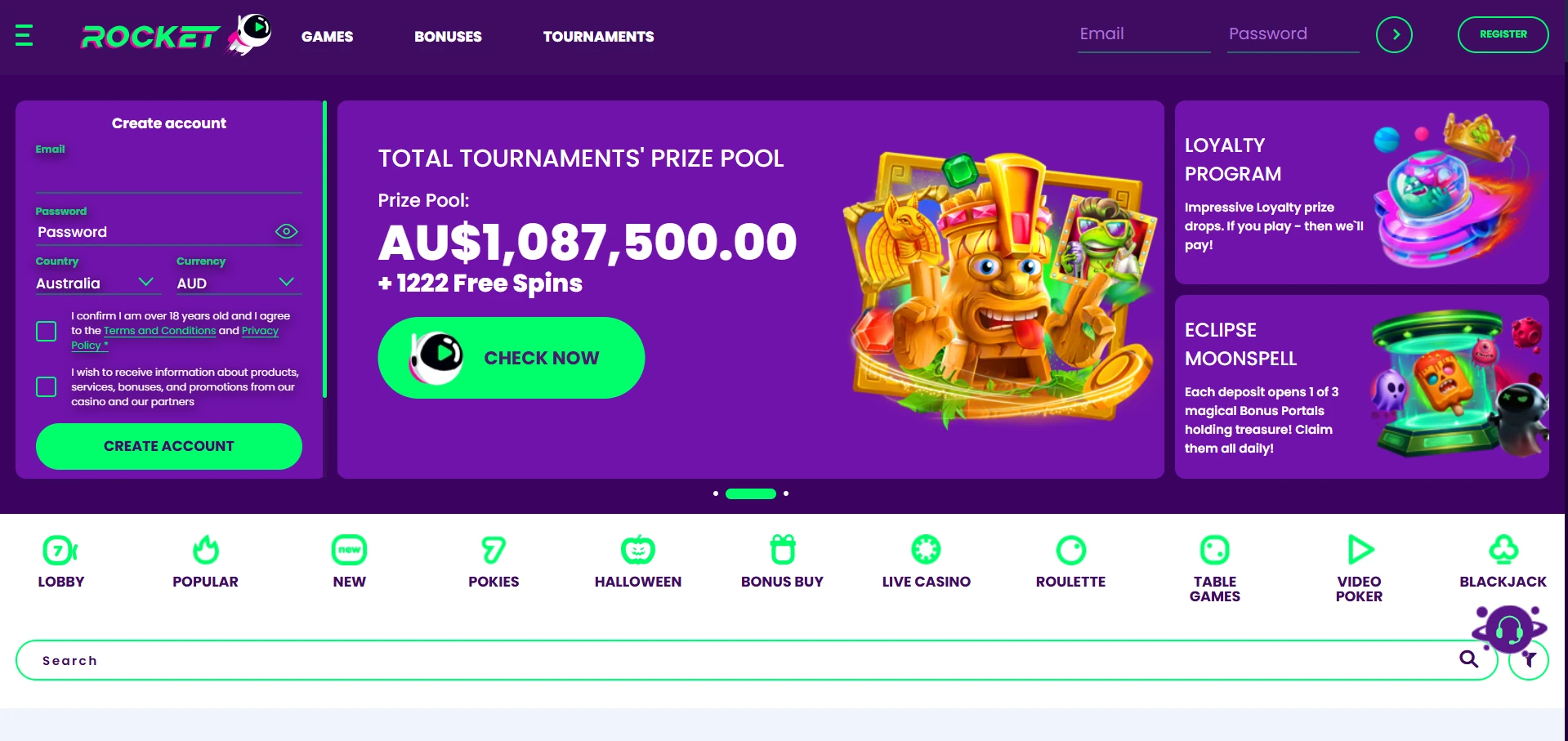 Rocket home page as a new visitor from Australia sees it
