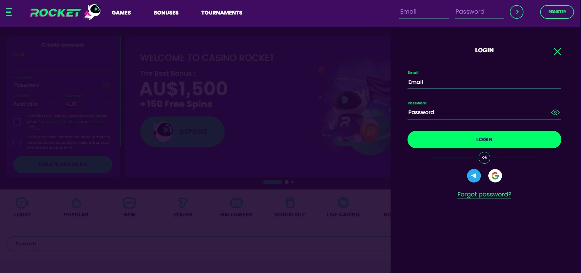 Rocket log-in form for returning players